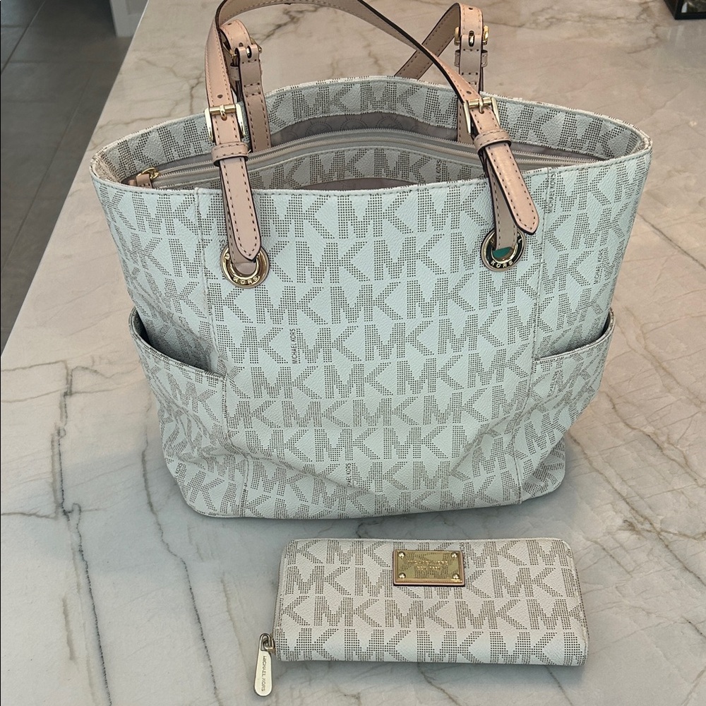 Michael Kors Cream and Tan Signature Tote with matching wallet